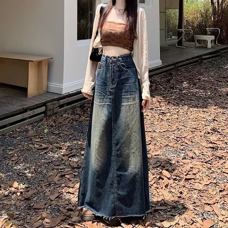 Worn Looking Washed-out Denim Skirt Hot Girl Retro Straight A- Line Design