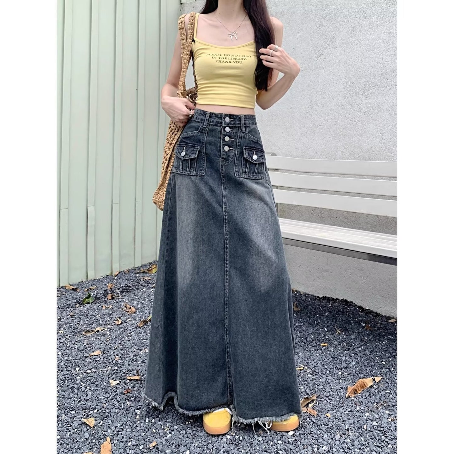 Autumn High Waist Retro Straight Loose Long Denim Skirt For Women