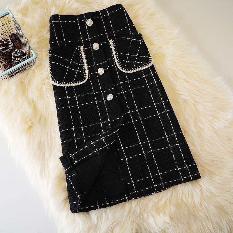 New Fashion Mid-length Female Online Influencer A- Line High Waist Slimming Woolen Plaid Skirt Trendy Style