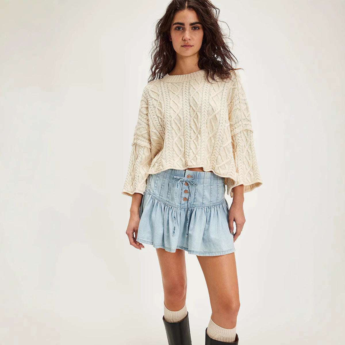 High Waist A- Line Casual Versatile Retro Denim Pleated Skirt