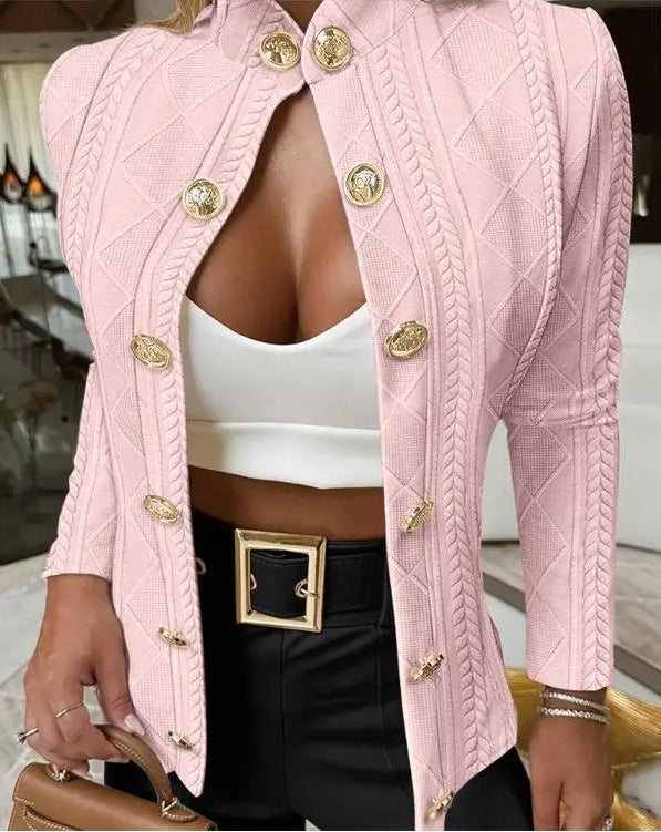 Women's Long-sleeved Slim-fit Coat With Metal Buckle And Stand Collar