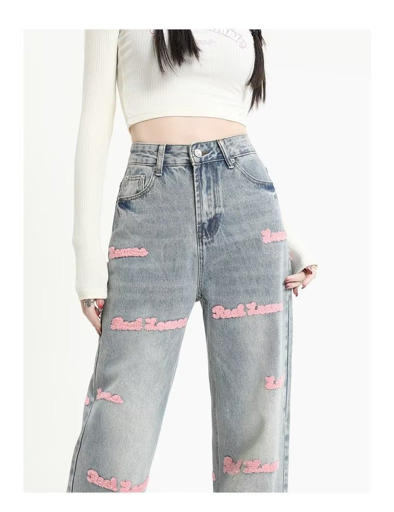 European Letter Embroidered Straight Jeans Design