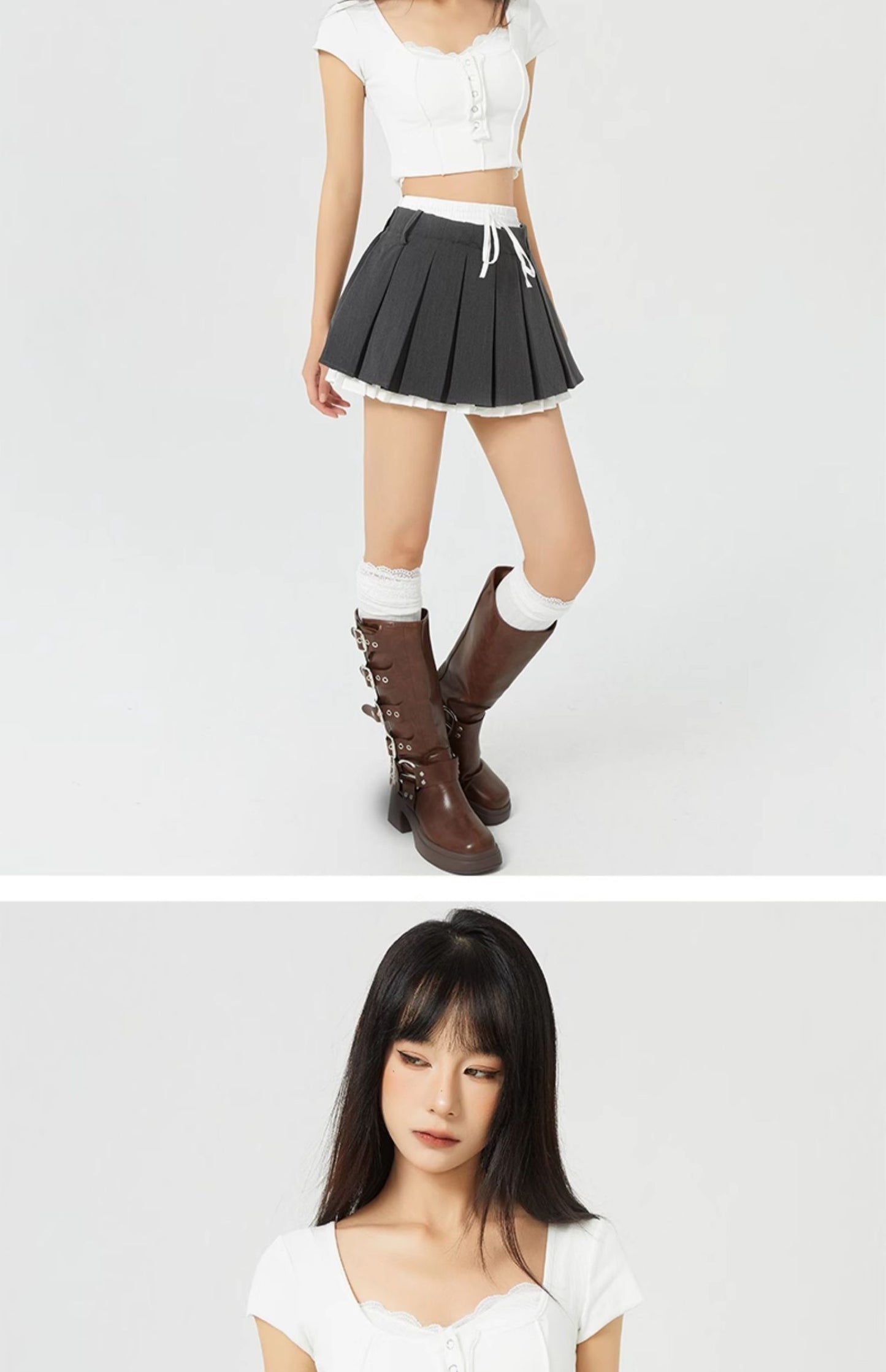 High Waist College Style Fake Two-piece Fashion Slimming A- Line Pleated Short Skirt