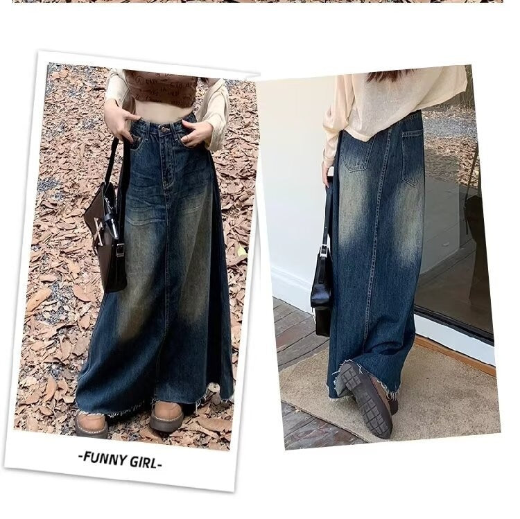 Worn Looking Washed-out Denim Skirt Hot Girl Retro Straight A- Line Design