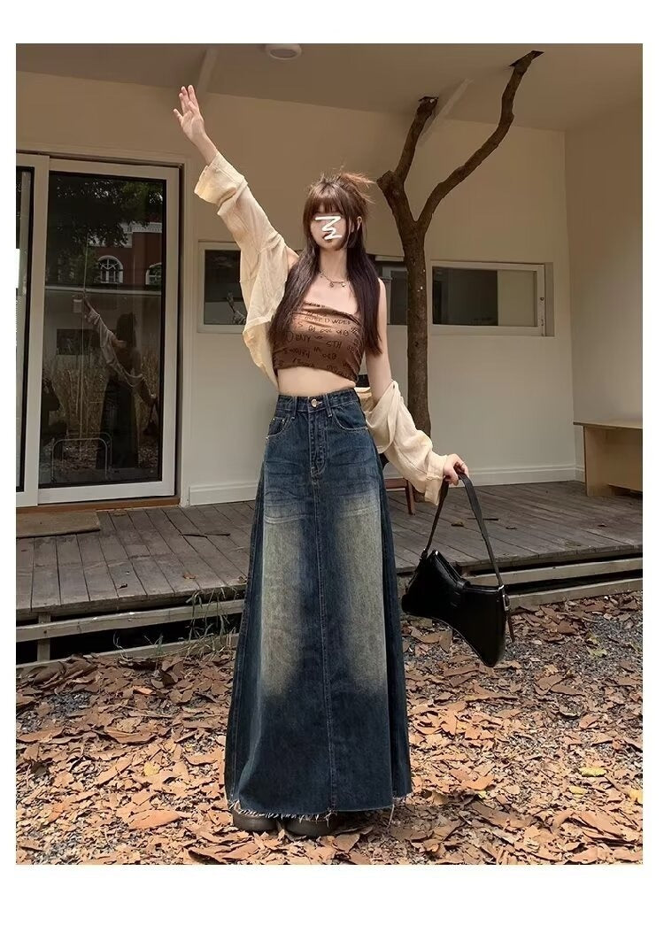 Worn Looking Washed-out Denim Skirt Hot Girl Retro Straight A- Line Design