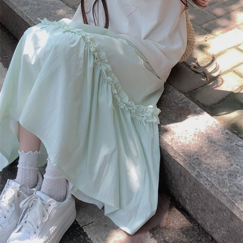 Elastic Waist Mid-length Vanilla Green A- Line Skirt