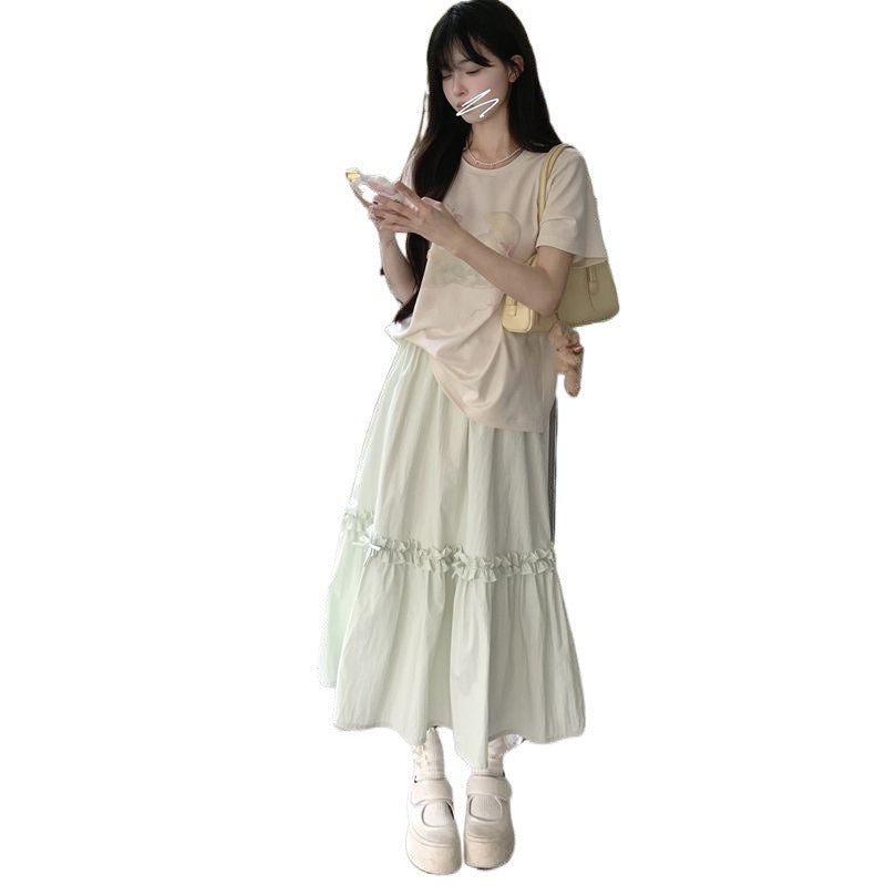 Elastic Waist Mid-length Vanilla Green A- Line Skirt