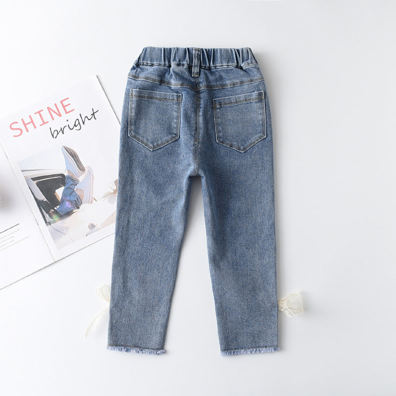Korean Style Young And Little Girls Baby Sweet Fashion Bowknot Slim Jeans Fashion