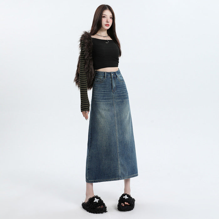 Denim Skirt Design Pocket Slit Retro Hip-wrapped Midi Skirt