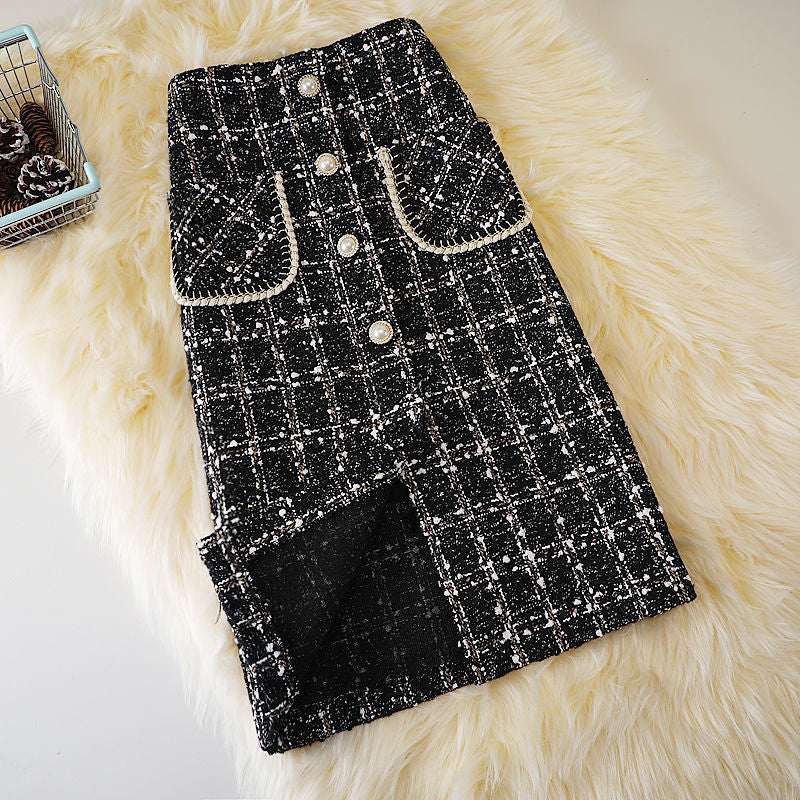 New Fashion Mid-length Female Online Influencer A- Line High Waist Slimming Woolen Plaid Skirt Trendy Style