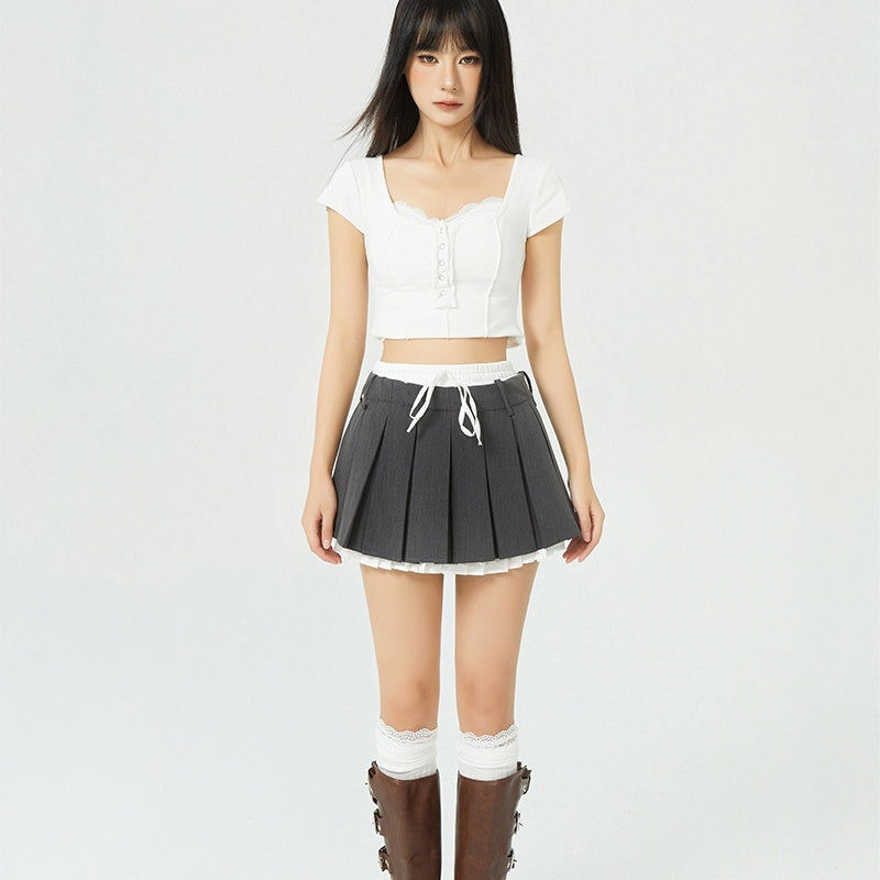 High Waist College Style Fake Two-piece Fashion Slimming A- Line Pleated Short Skirt