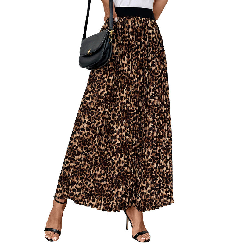 Pleated Fashion Mid-length Leopard Print Skirt