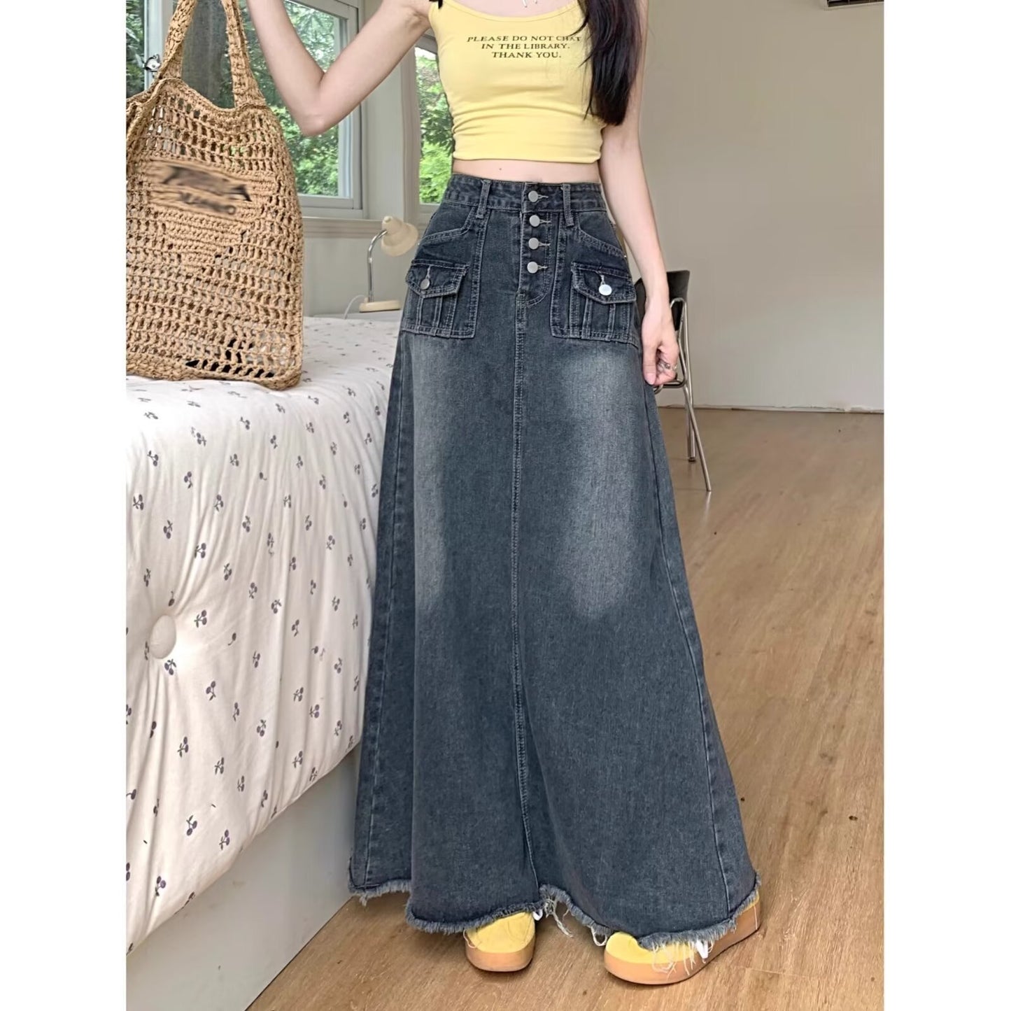 Autumn High Waist Retro Straight Loose Long Denim Skirt For Women
