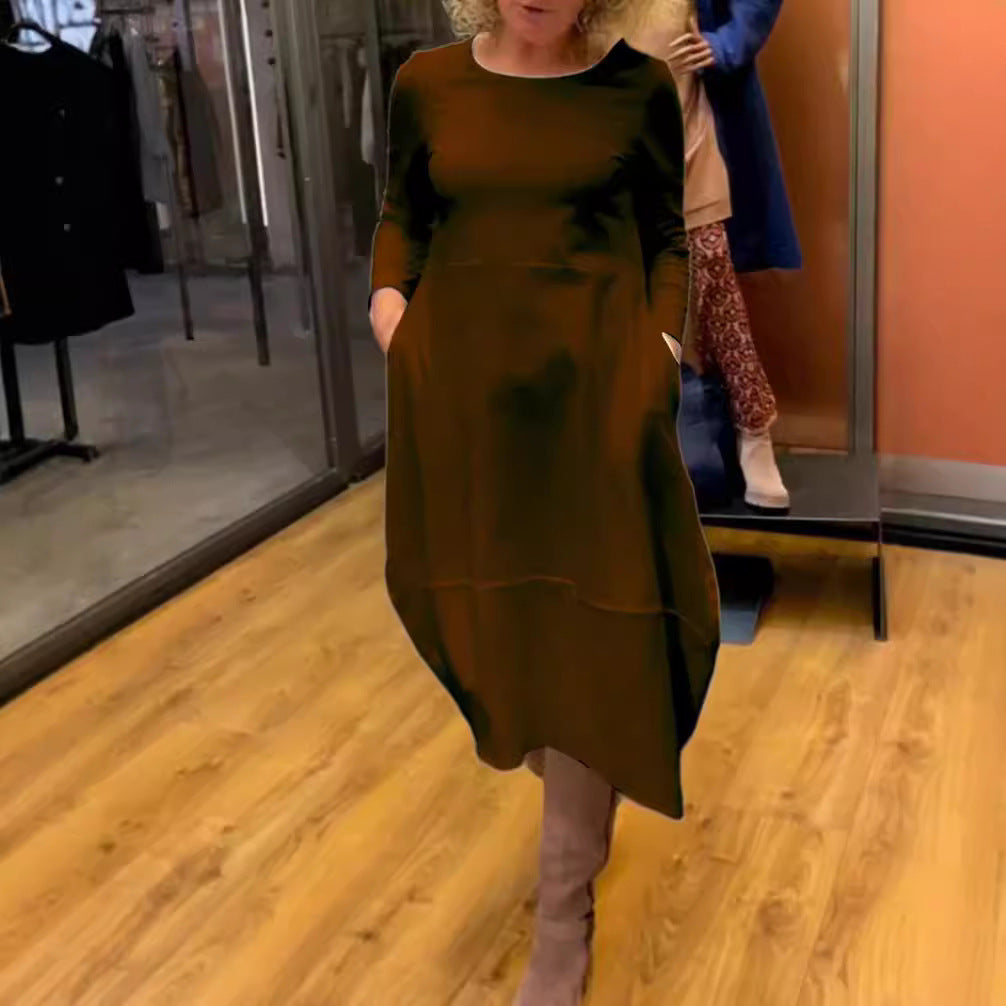 Autumn And Winter Wild Solid Color Round-neck Long-sleeved Dress Women's Clothing