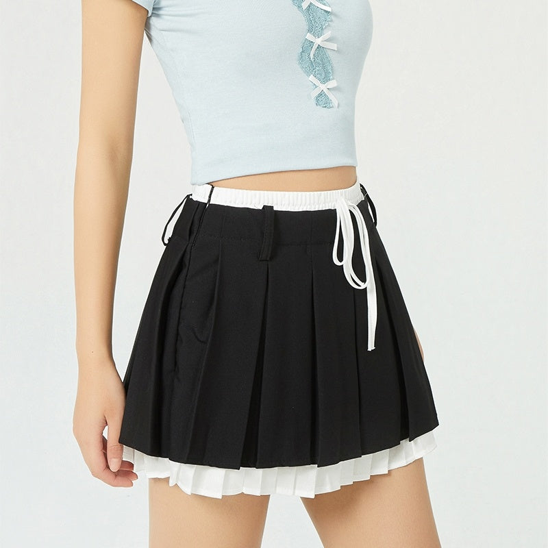 High Waist College Style Fake Two-piece Fashion Slimming A- Line Pleated Short Skirt