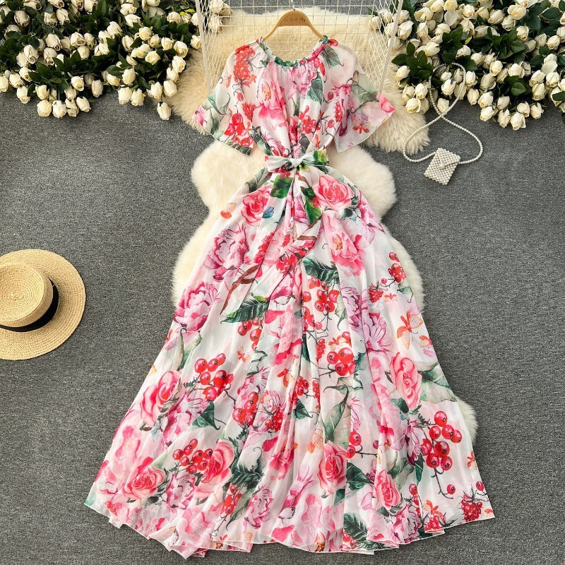 Printed Lace Up Waist-tight Dress