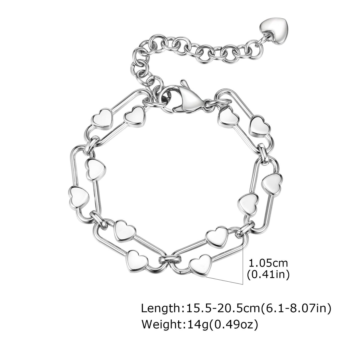 All-match Silver Stainless Steel Heart-shaped Oval Bracelet Women's Fashion Personal Accessories
