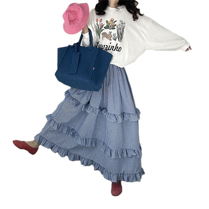 Plaid Elastic Waist Ruffled Tiered Skirt Long Dress For Women