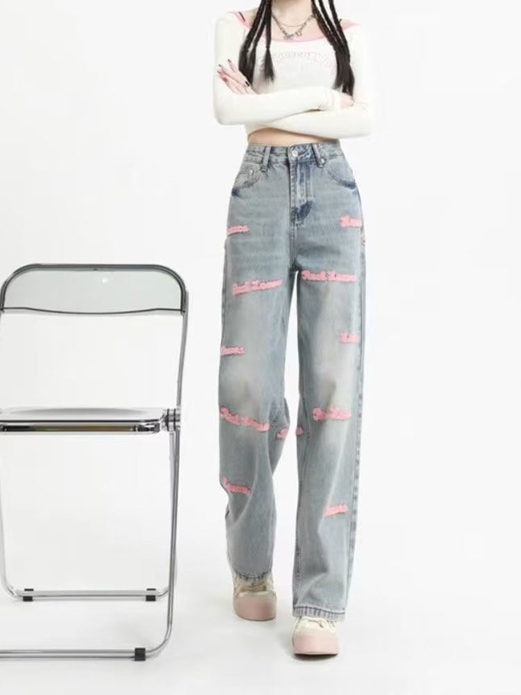 European Letter Embroidered Straight Jeans Design