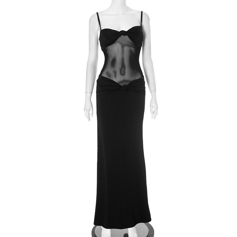 Detachable Shoulder Strap Kinked Mesh Slim Fit Dress