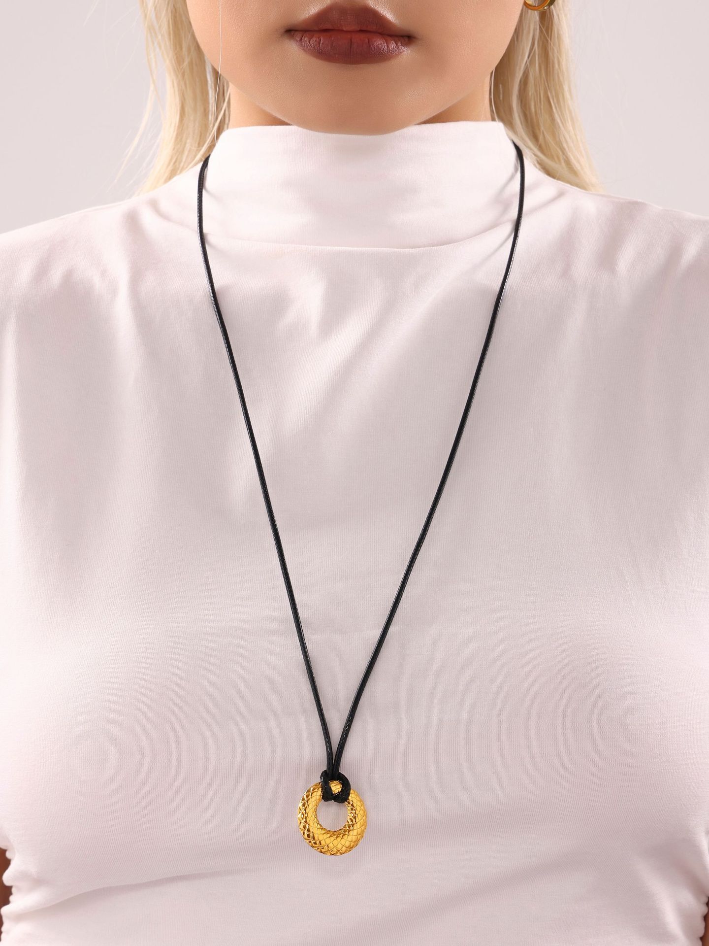 Stainless Steel Adjustable Black Leather Rope Embossed Necklace