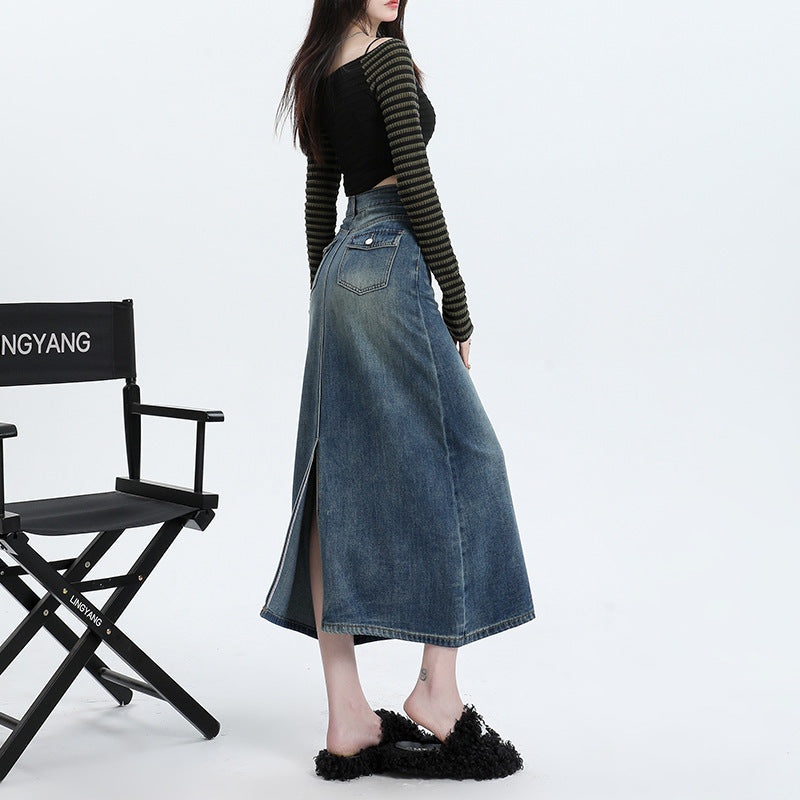 Denim Skirt Design Pocket Slit Retro Hip-wrapped Midi Skirt
