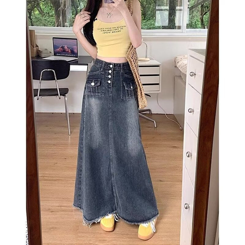 Autumn High Waist Retro Straight Loose Long Denim Skirt For Women