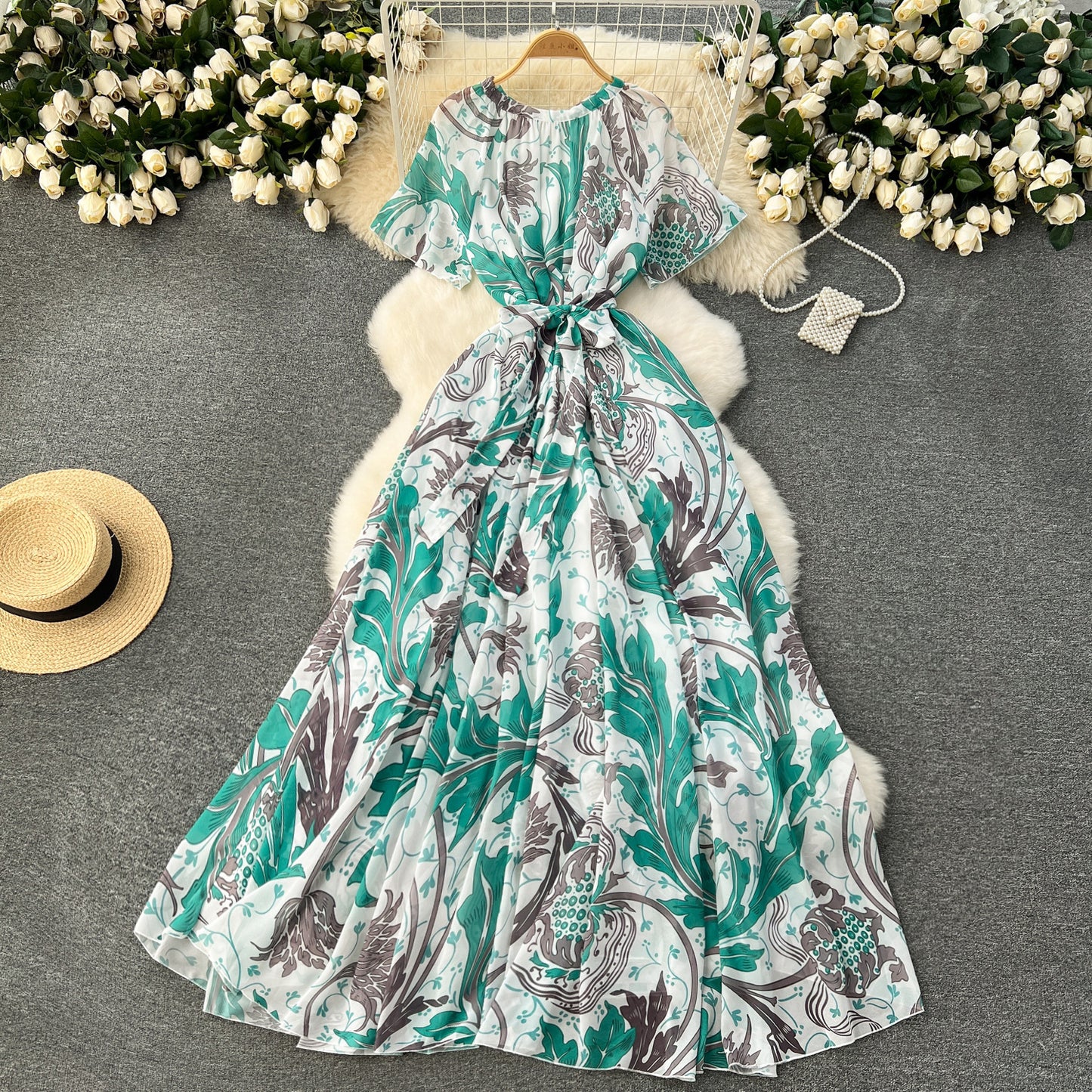 Printed Lace Up Waist-tight Dress