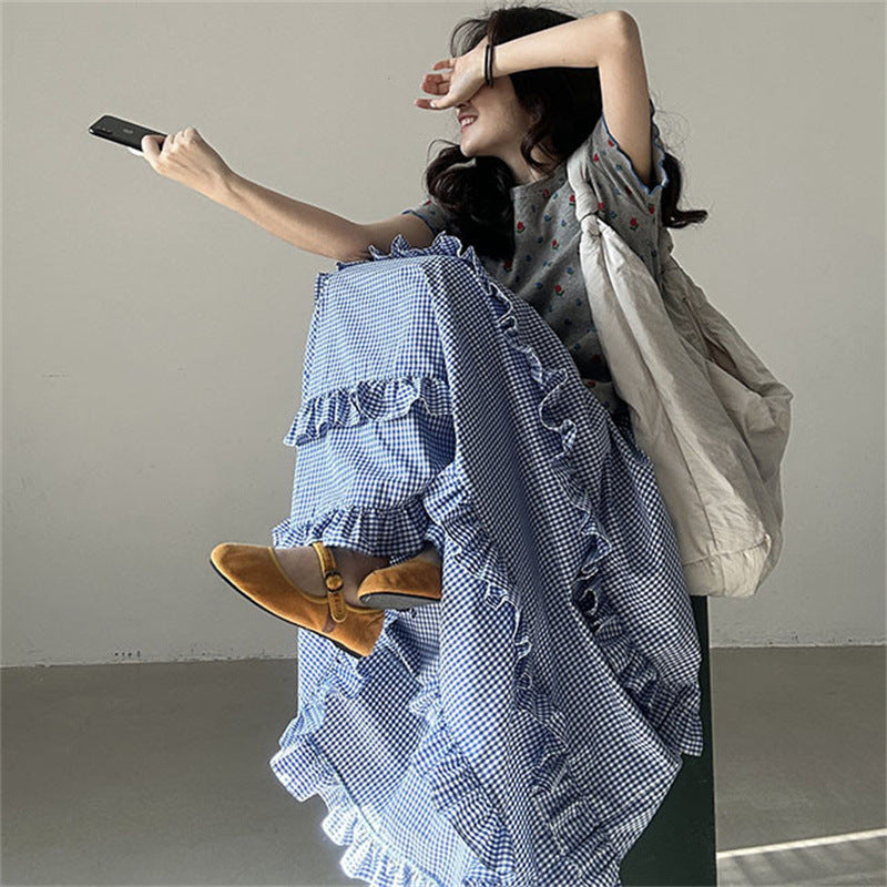 Plaid Elastic Waist Ruffled Tiered Skirt Long Dress For Women