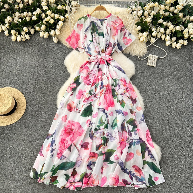 Printed Lace Up Waist-tight Dress