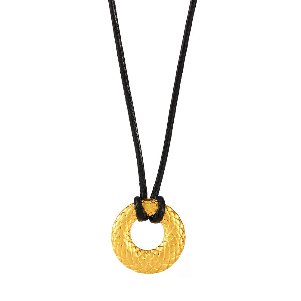 Stainless Steel Adjustable Black Leather Rope Embossed Necklace