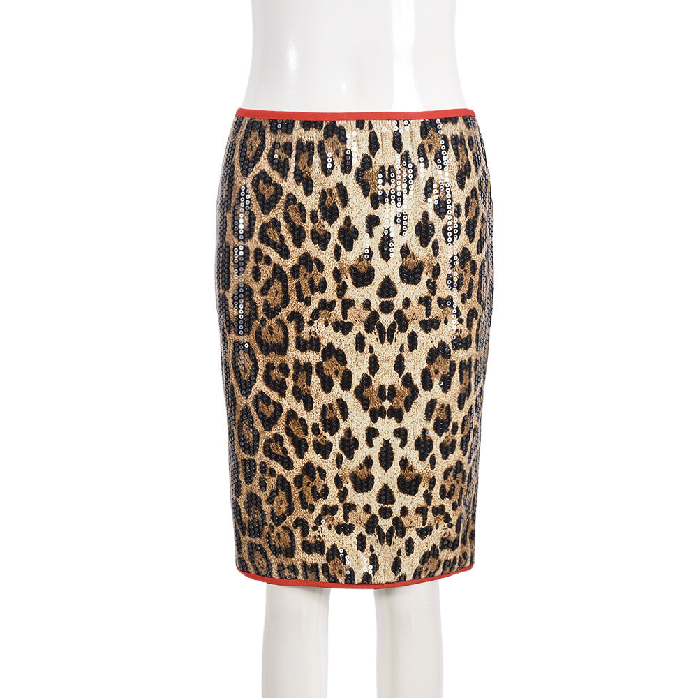 Leopard Print Sequin Short Stretch Skirt