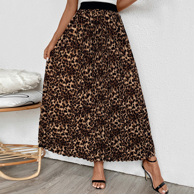 Pleated Fashion Mid-length Leopard Print Skirt