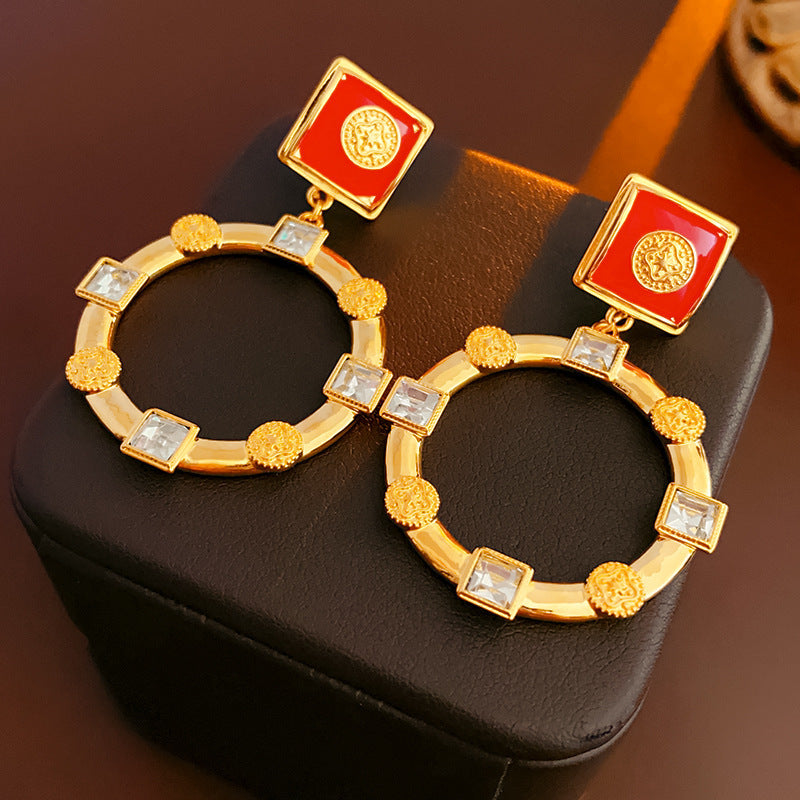 Silver Stud Rhinestone-encrusted Circle Ear Studs Fashion Vintage Earrings