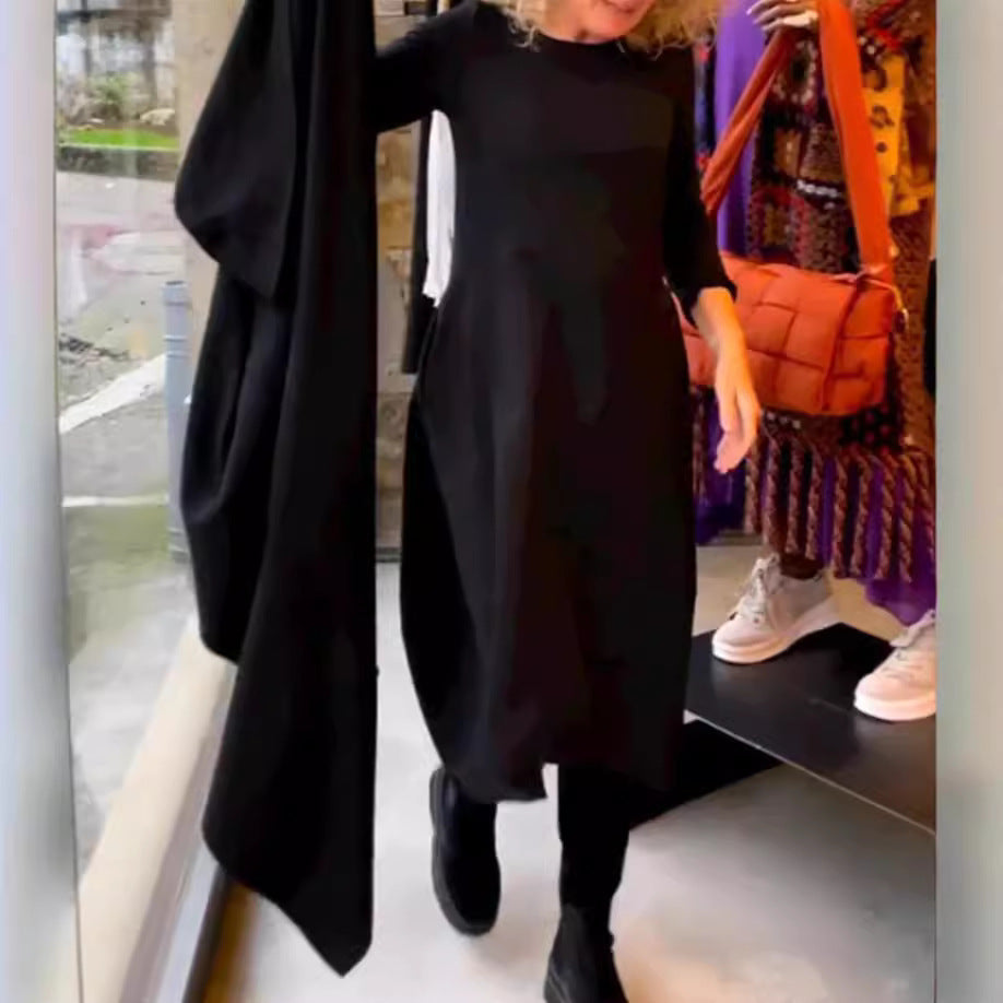 Autumn And Winter Wild Solid Color Round-neck Long-sleeved Dress Women's Clothing