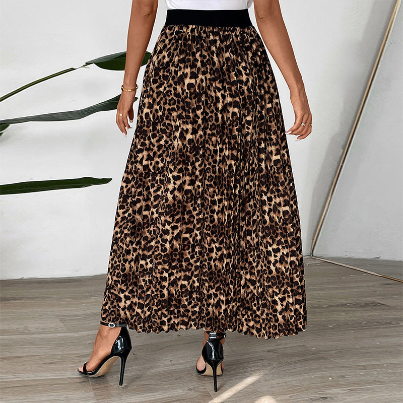Pleated Fashion Mid-length Leopard Print Skirt