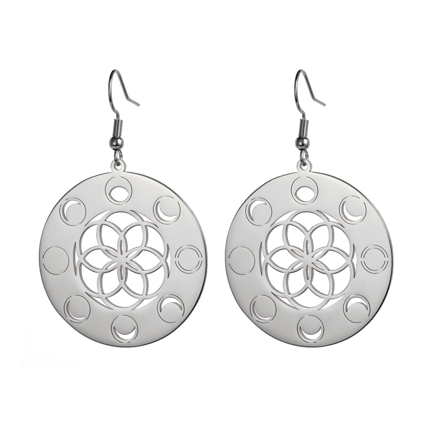 Moon Phase Round Pendant Earrings Women's Stainless Steel Earrings