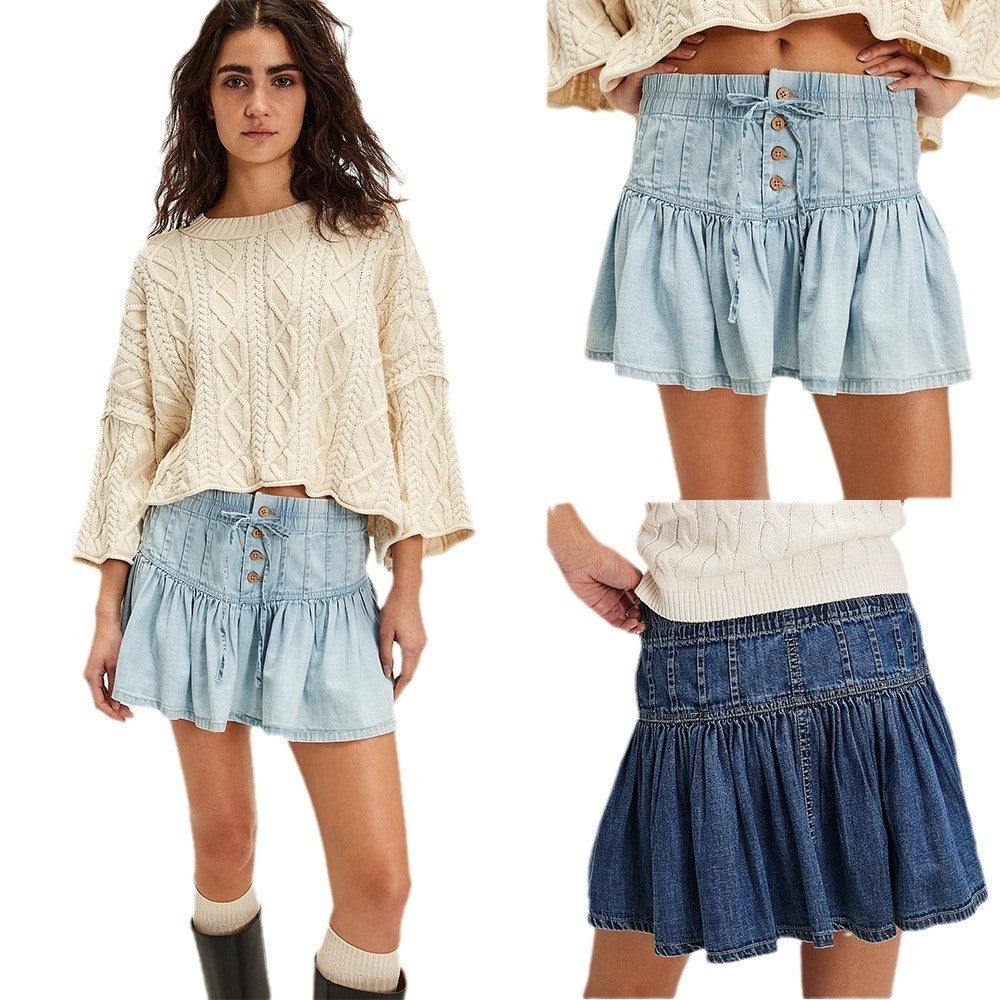 High Waist A- Line Casual Versatile Retro Denim Pleated Skirt