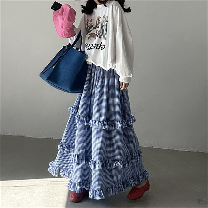 Plaid Elastic Waist Ruffled Tiered Skirt Long Dress For Women