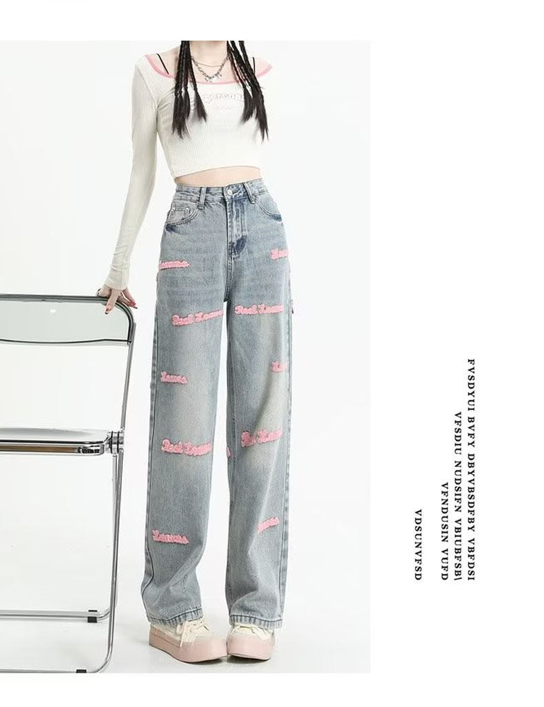 European Letter Embroidered Straight Jeans Design