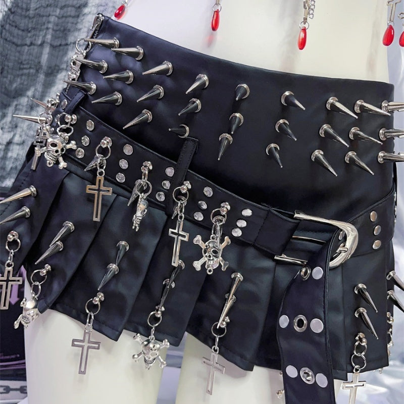 Rivet Skull Cross Punk Niche Street PU Leather Metal Pleated Skirt