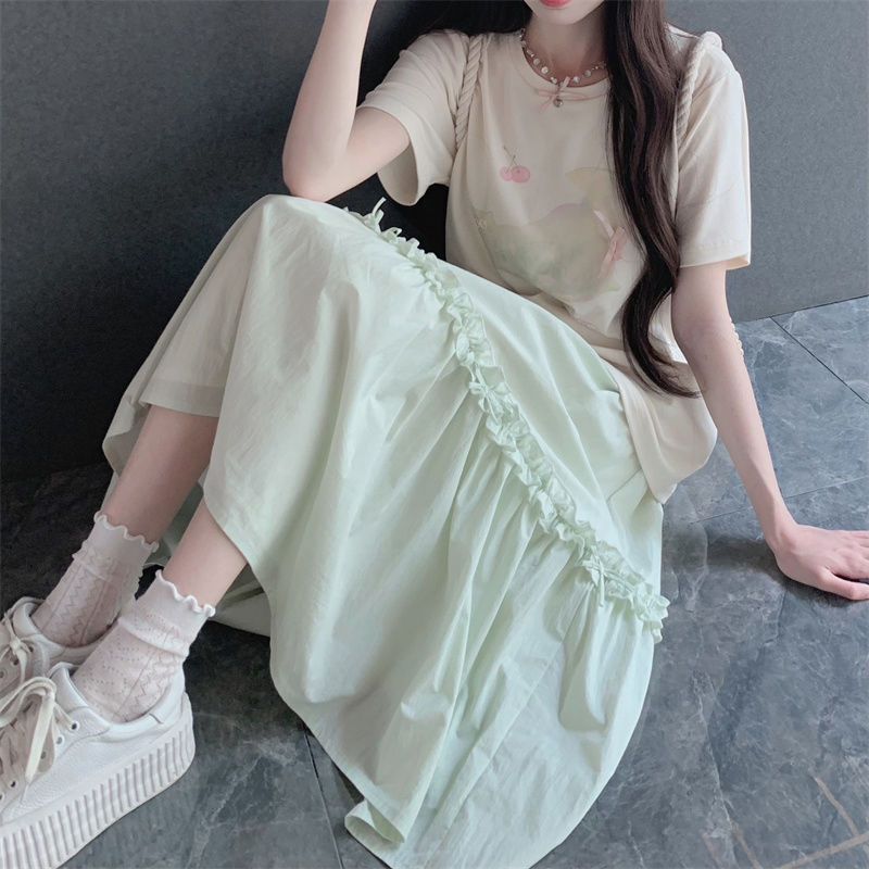Elastic Waist Mid-length Vanilla Green A- Line Skirt