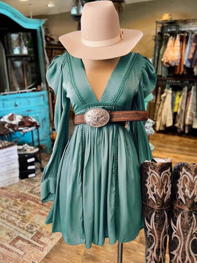 V-neck Long Sleeve Women's Foam Beads Puff Sleeve Dress