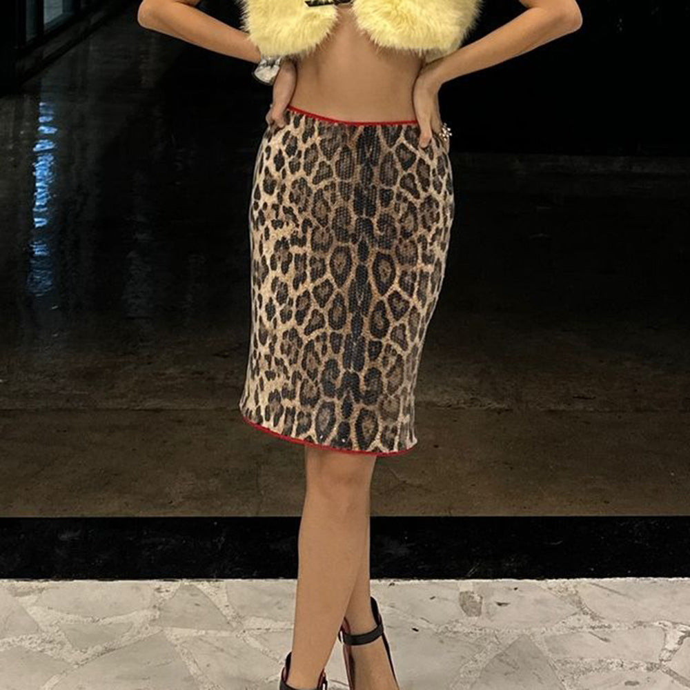 Leopard Print Sequin Short Stretch Skirt