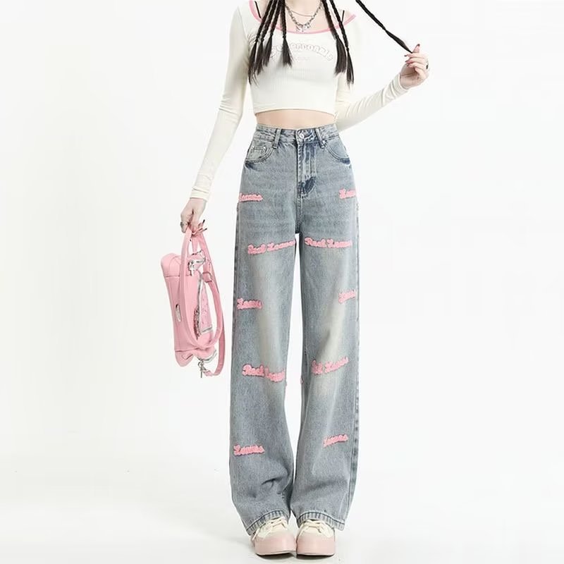 European Letter Embroidered Straight Jeans Design