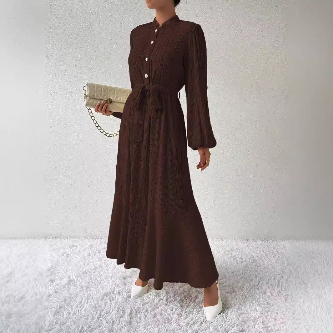 Texture Button Lantern Sleeve Cinched Slimming Long Dress