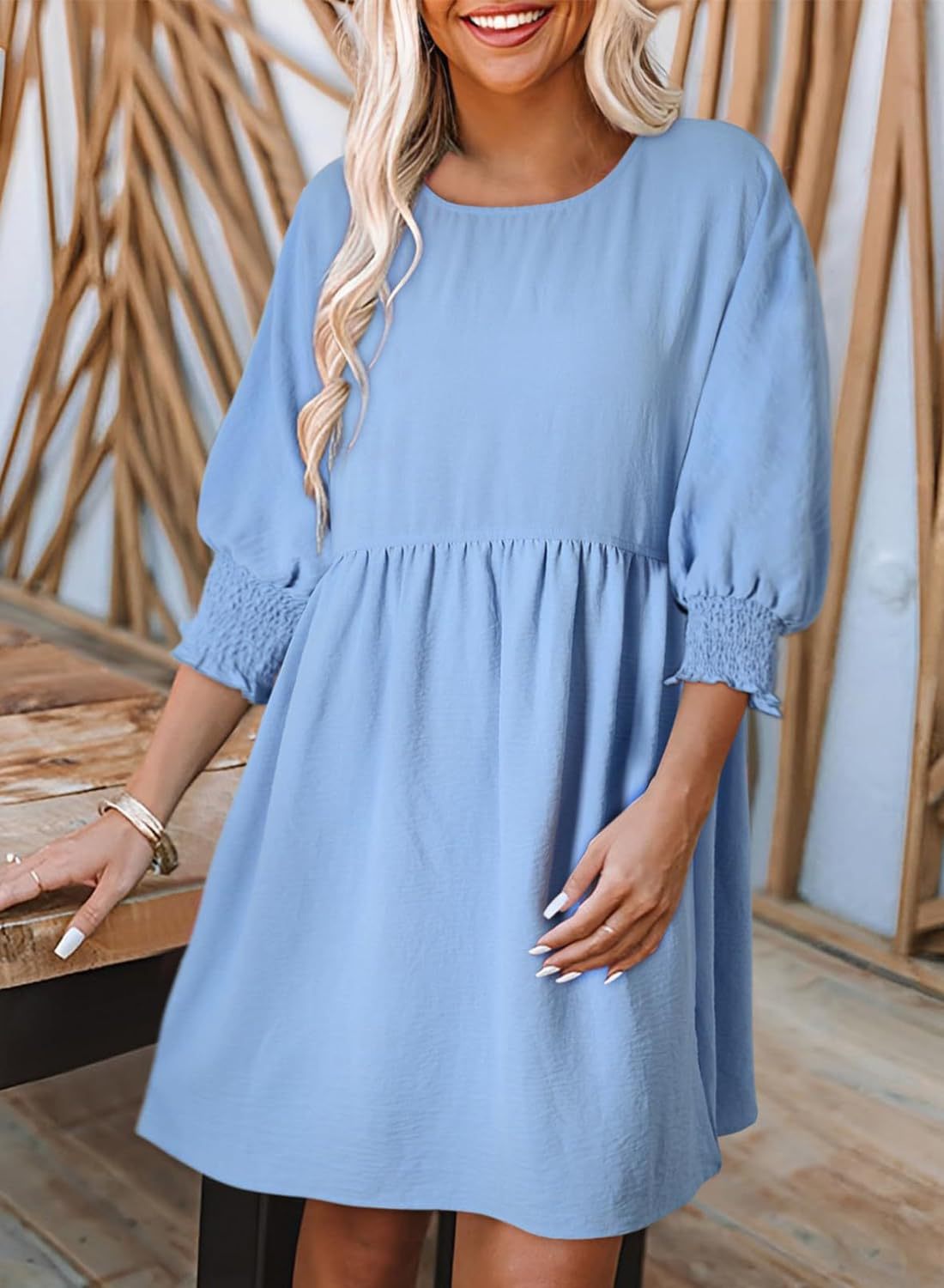 Three-quarter Sleeve Casual Loose Round Neck Batwing Sleeve Smocking Dress Women