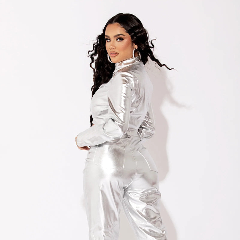 Fall Winter Fashion PU Metallic Collar Zipper Coat For Women