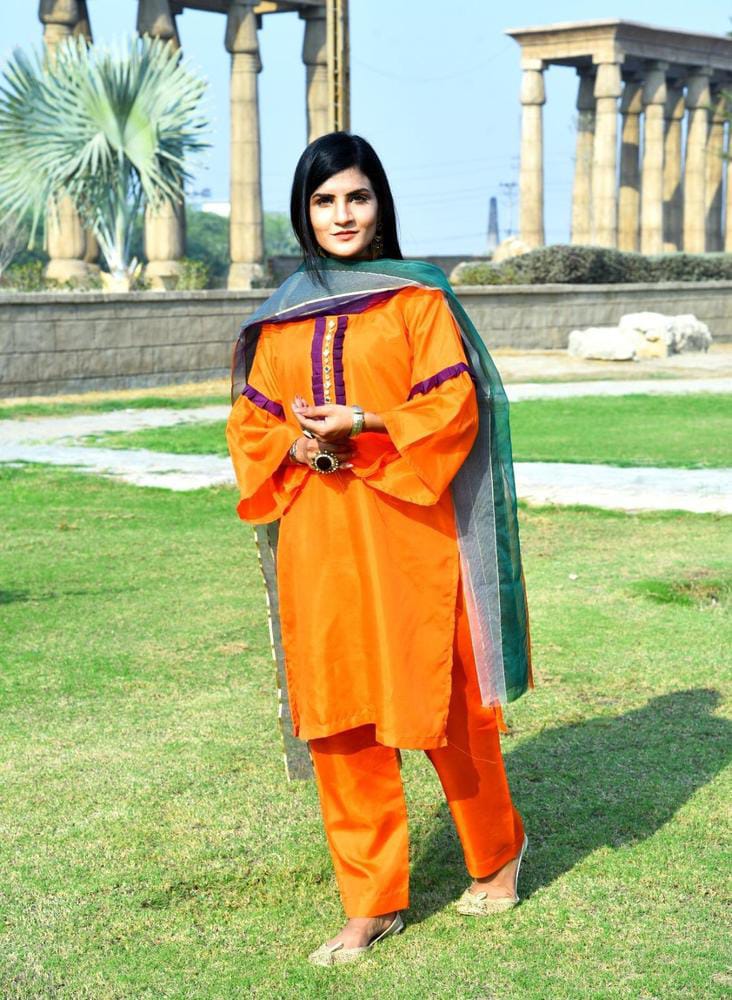 3 Pcs Women's Unstitched Katan Silk Plain Suit (Orange)