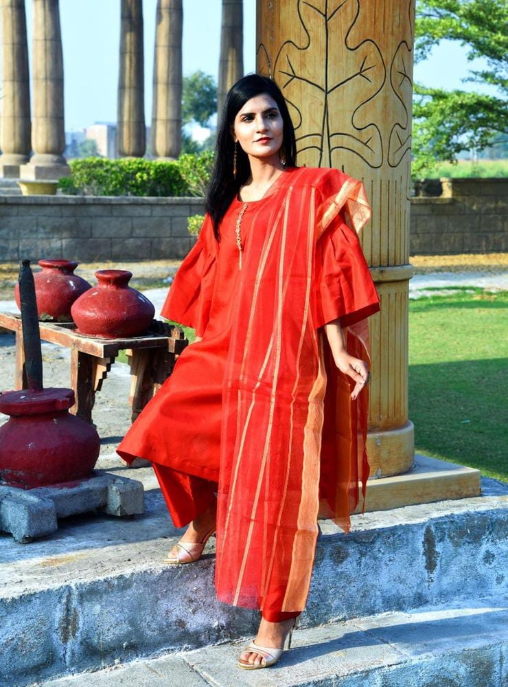 3 Pcs Women's Unstitched Katan Silk Plain Suit (Red)
